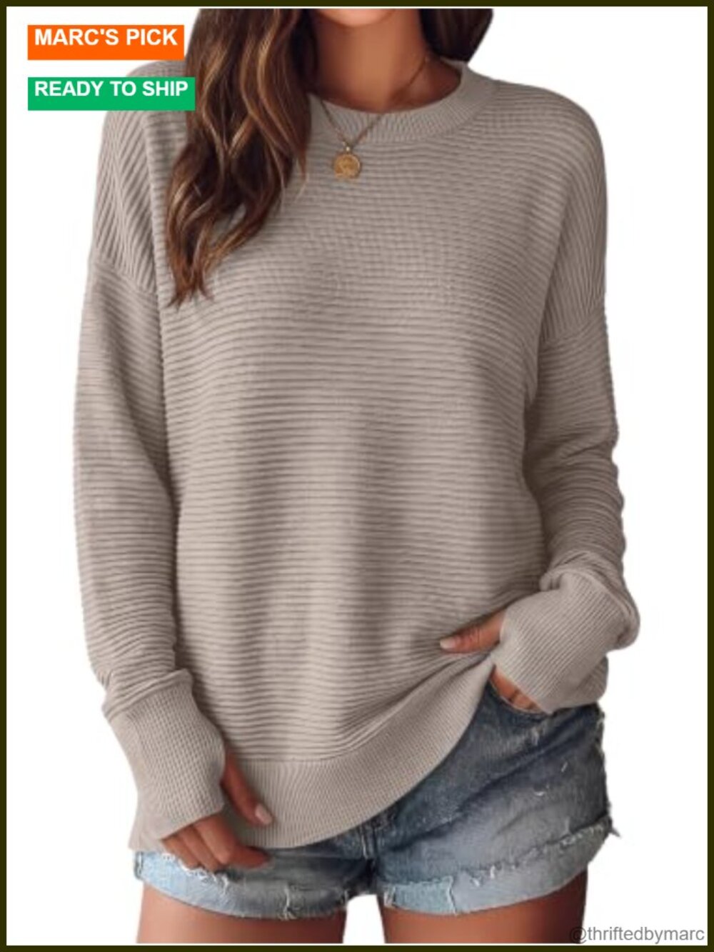 Women Long Sleeve Ribbed Sweater Thumb Hole Crew Neck Pullover Tunic